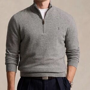 NWT Men Polo Ralph Lauren Mesh Knit Pima Cotton Quarter Zip Sweater Gray 4XB